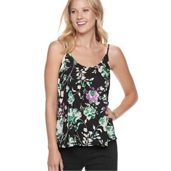 Apt. 9 Floral Camisole Black Green Purple Sleeveless Adjustable Straps Size Med - Picture 1 of 9